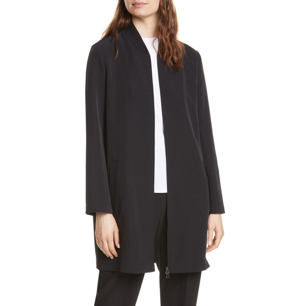 Eileen Fisher Black Stretch Pocketed Long Two-way Front-Zip Closure Jacket S